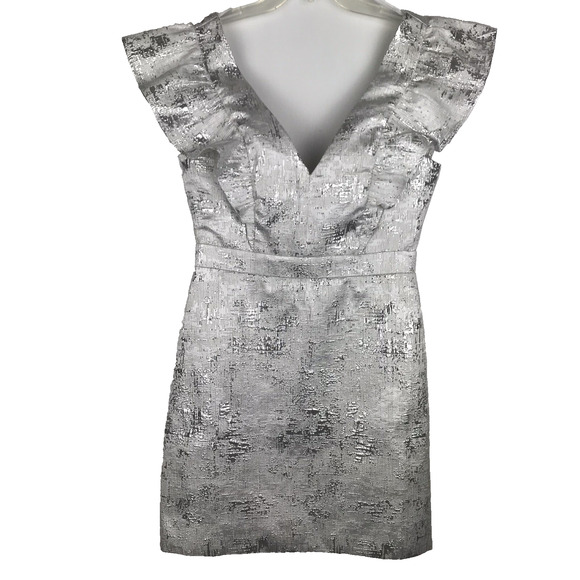 NWT Lulu's Silver Mini Dress Metallic Sleeveless Ruffles Bodycon V-Neck Small - Picture 3 of 11
